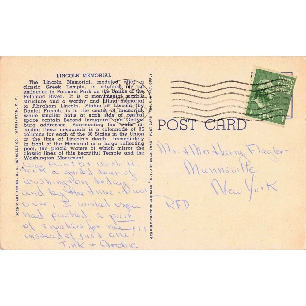 Vintage Lincoln Memorial Washington DC Linen Postcard B.S. Reynolds Co 1939 VG